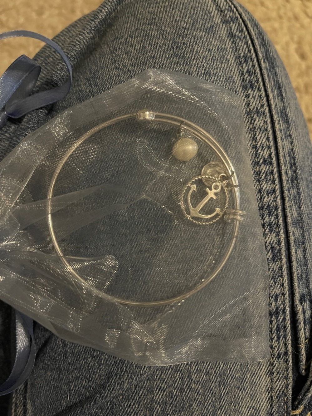 Silver Anchor Charm Bangle Bracelet